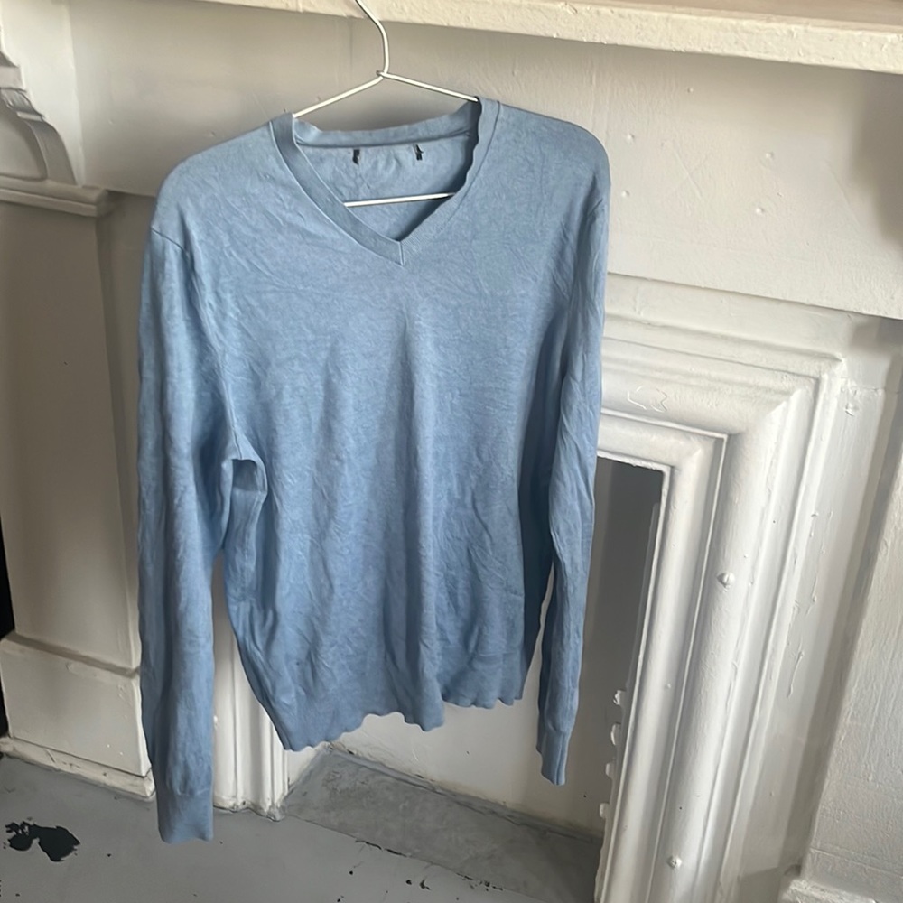 Silk cotton cashmere baby blue classic v neck